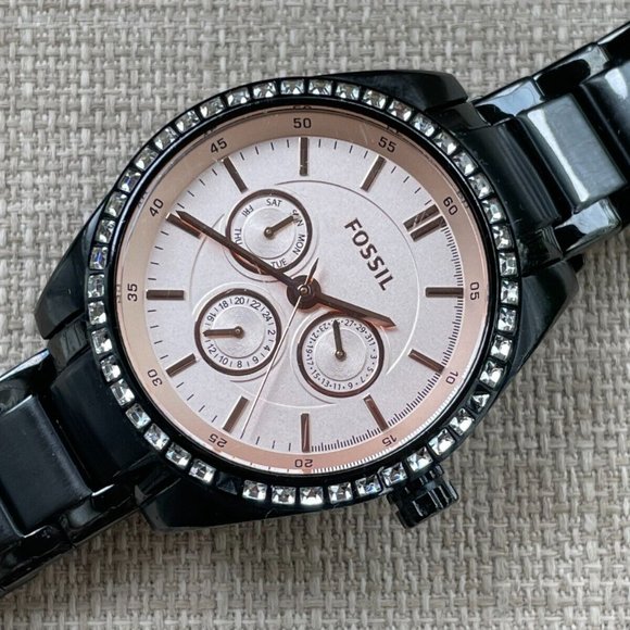 Fossil Ladies Wristwatch Crystals Accent Bezel Black Tone Quartz Multi-function - Picture 5 of 11